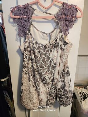 Maurices Cream Floral Print Camisole with Lavender Crochet Cap Sleeves